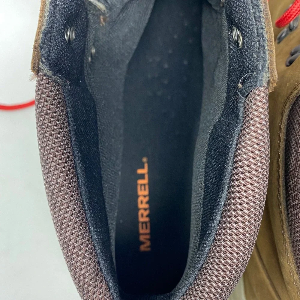 Merrell Ontario Mid Waterproof Hiking Boots Brown Leather Red Lace J84903 Men 13